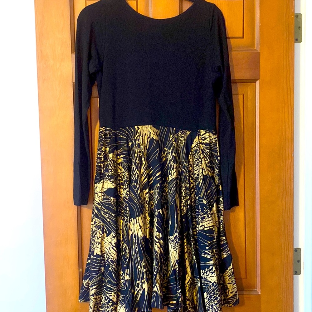Bel Kazan Long Sleeve Black Fit n’ Flare Mini Dress w/ Gold Printed Skirt size M